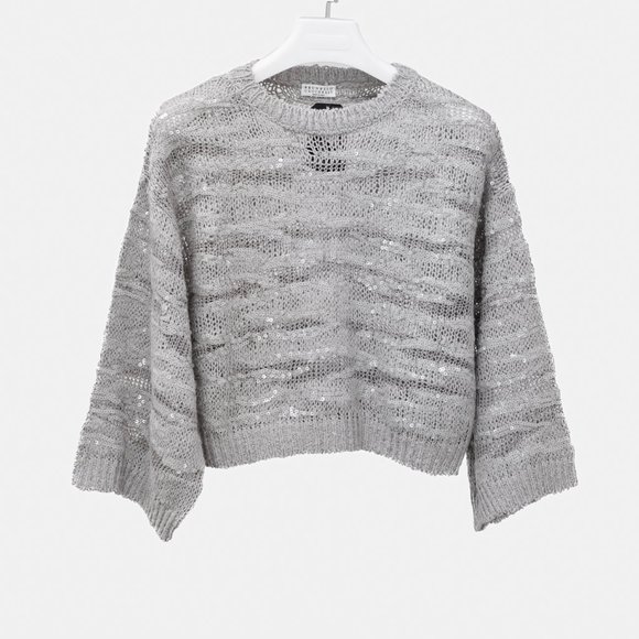 Brunello Cucinelli SS/22 Grey Sequin-Embellished Knitted Cropped Jumper - Picture 3 of 11